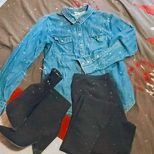 Large Levi's shirt paired with black tights large